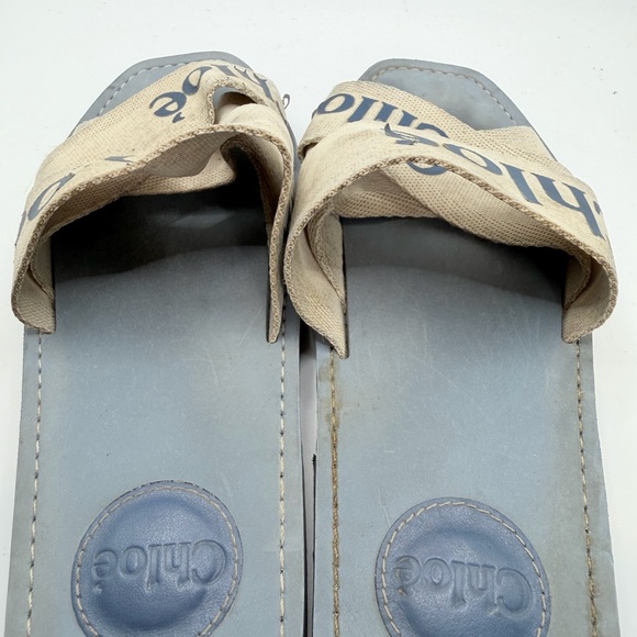 Chloé Beige Canvas Strap Blue Footbed Slide Sandals - Picture 4 of 8